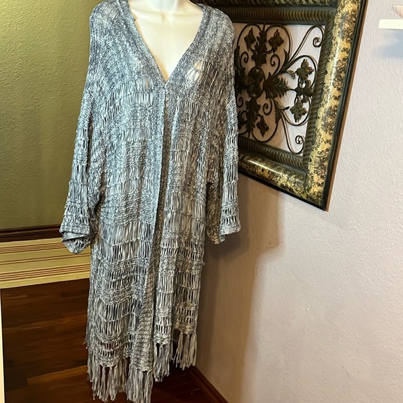 Roaman’s Crochet Cardigan- NWOT long open front with fringe Sz 3X - Picture 1 of 14
